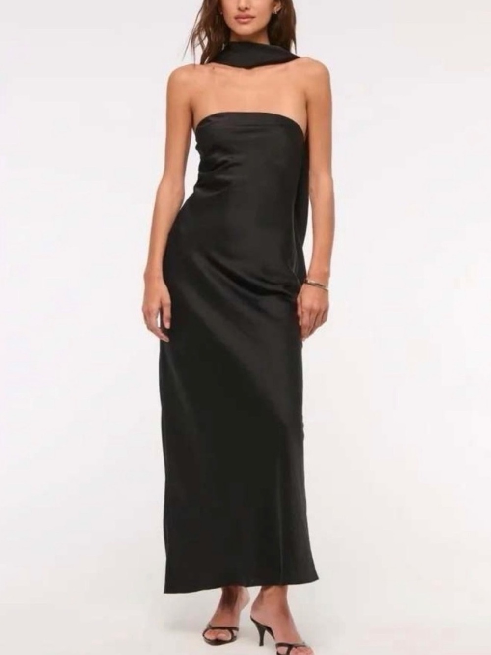 Abercrombie & Fitch Black Strapless Midi Dress Satin Size L Draped Scarf Formal